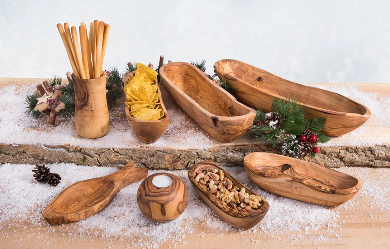 Olive wood serving bowls, spoons & candle holder for van life kitchen essentials, styled with snacks & winter decor