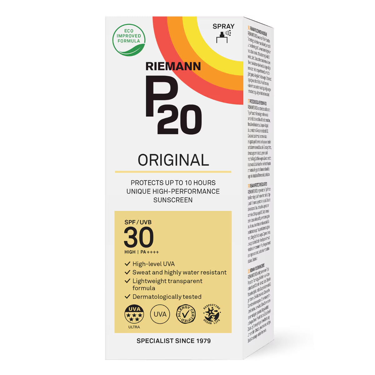 Riemann P20 Original SPF 30 sunscreen spray, high UVA protection, water resistant, van life outdoor essential