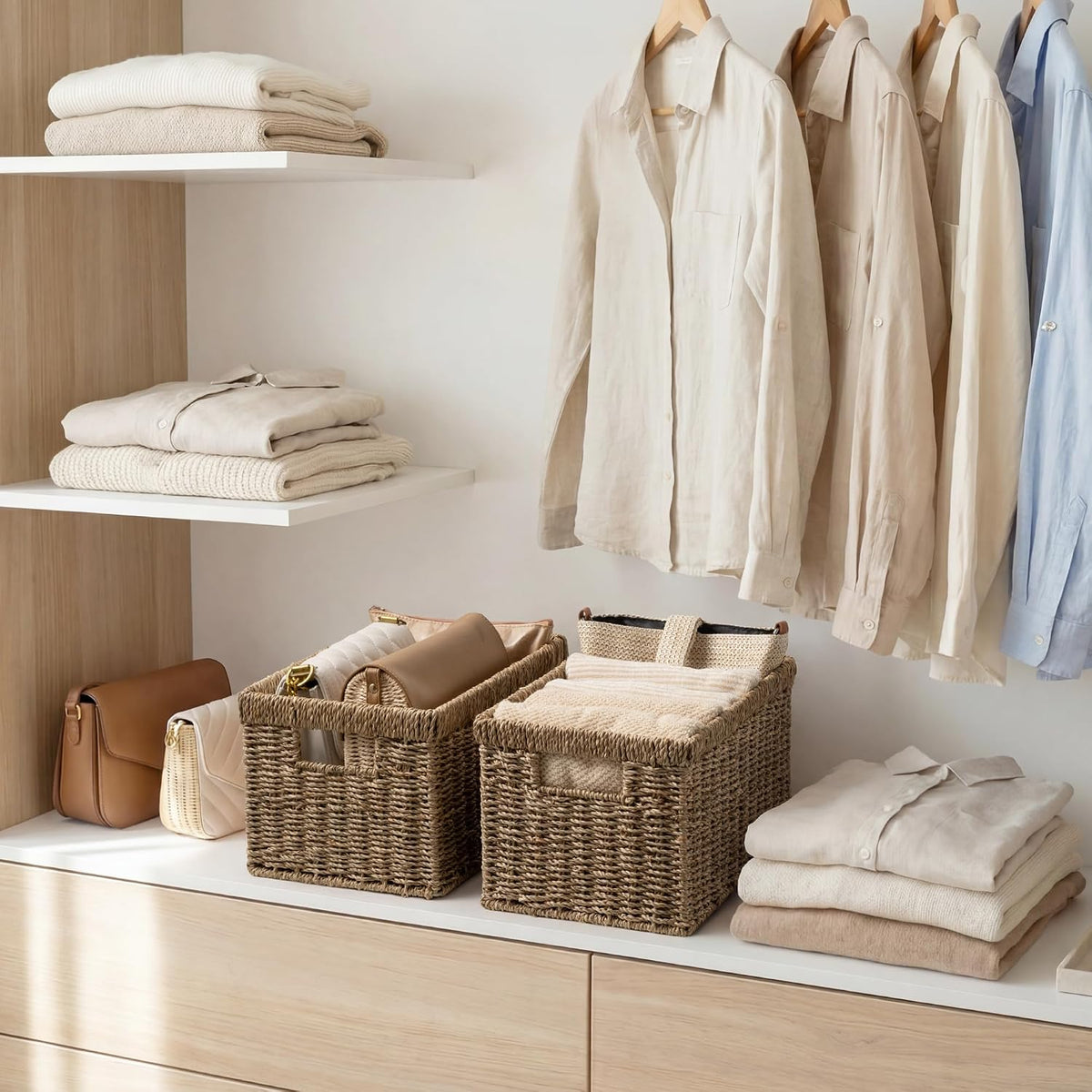 Rectangular Seagrass Shelf Baskets – Set of 2 – baskets organising wardrobe shelves