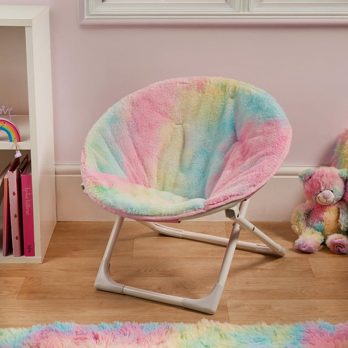 Kids' Tie-Dye Folding Moon Chair – pastel moon chair in a child's room