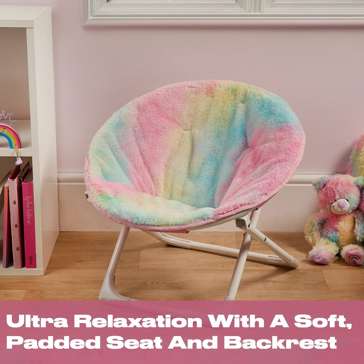 Kids' Tie-Dye Folding Moon Chair – chair beside a bed