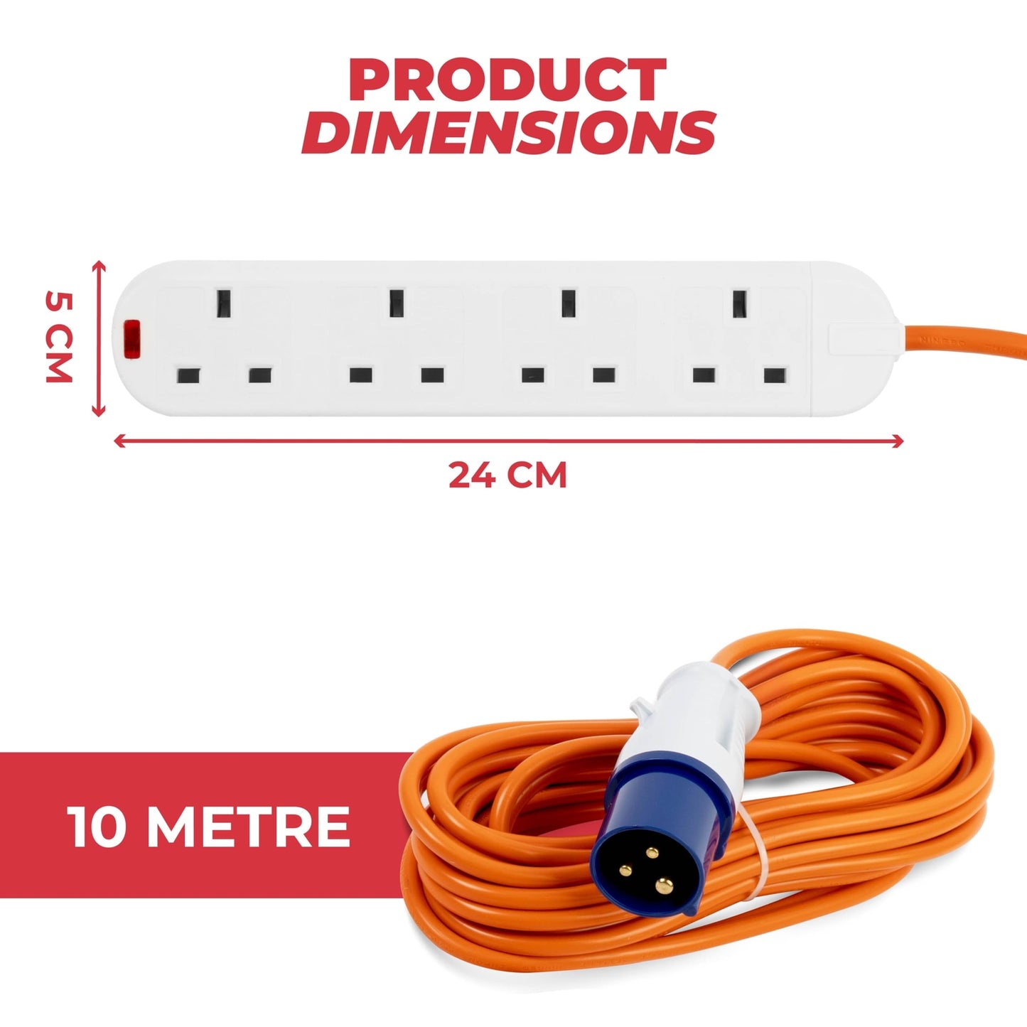 10m UK van life power extension lead with 4 sockets, orange cable, 24cm x 5cm dimensions
