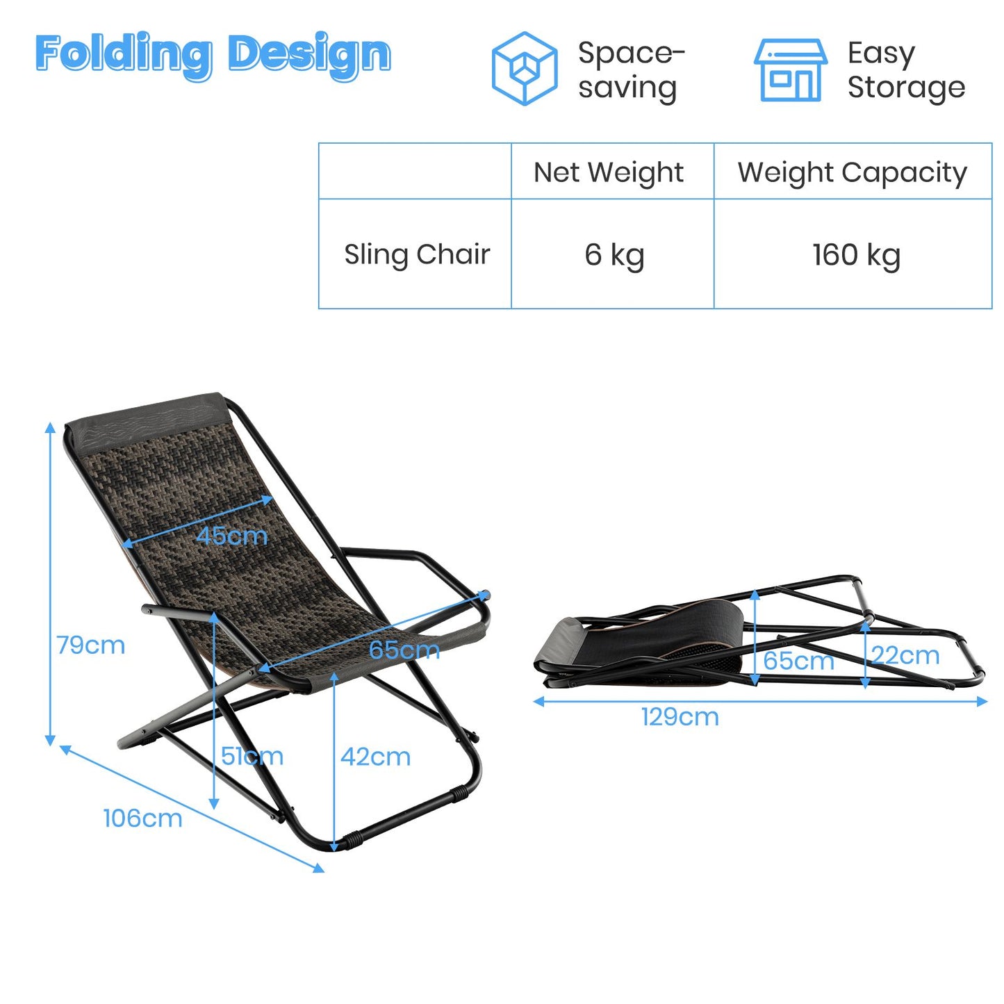 Folding sling chair for van life, 6kg, 160kg capacity, space-saving design with dimensions shown