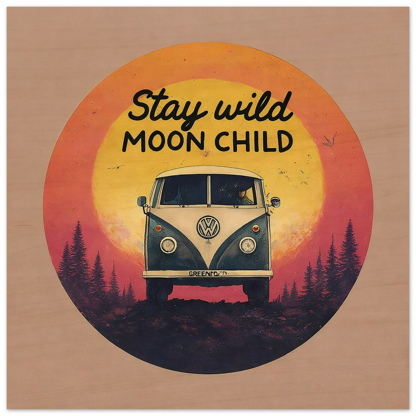 Stay Wild Moon Child van art print with VW camper van, sunset, and forest for van life decor