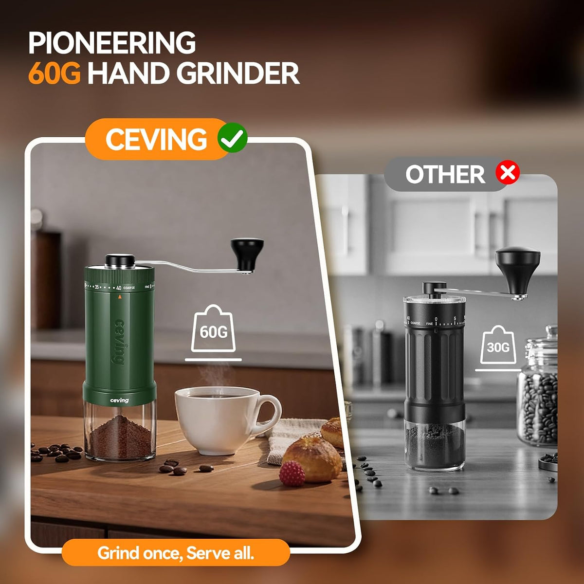 World'S First 60G Large Capacity Manual Coffee Grinder, Green