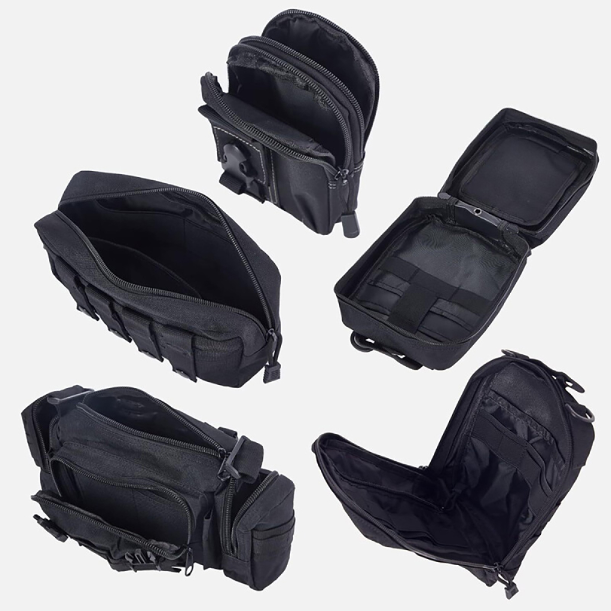 Black tactical organizer bags with multiple compartments, ideal for van life storage and outdoor gear organization