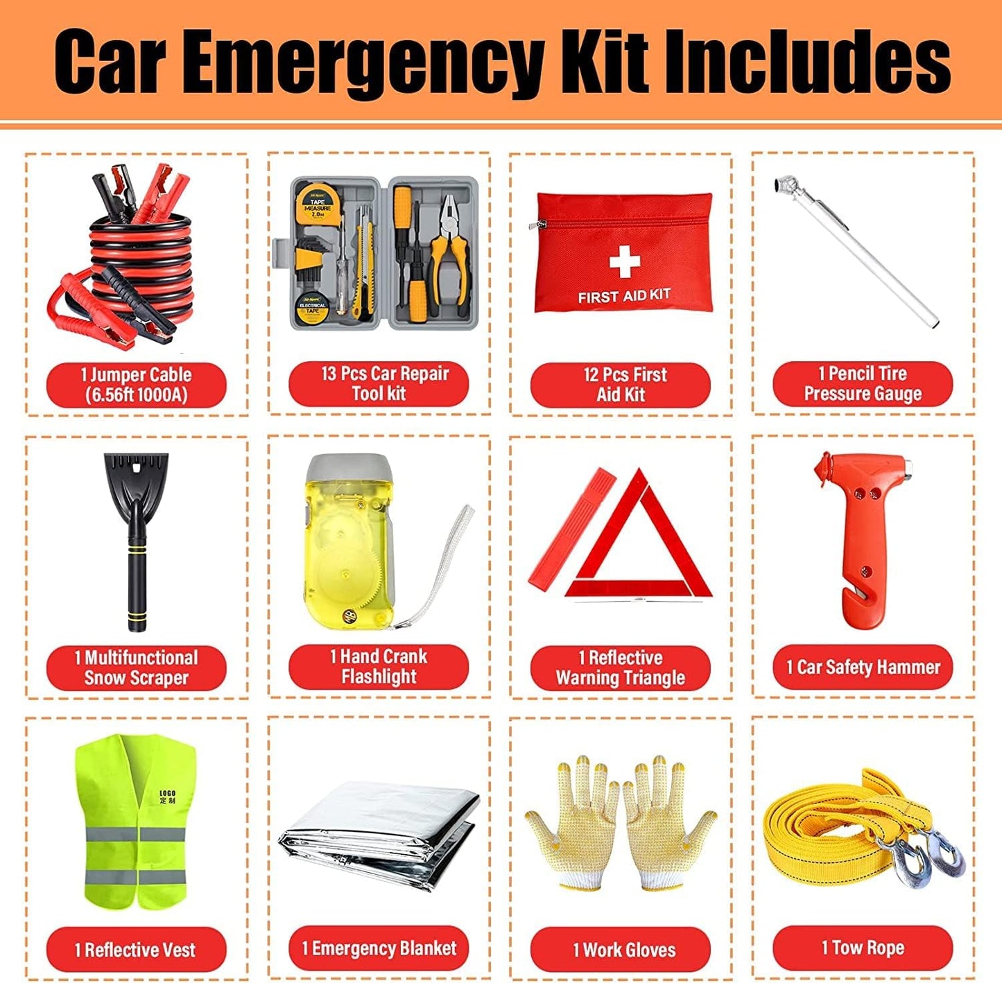 Car Emergency Kit with Jumper Cables, First Aid, Safety Tools & Reflective Gear for Van Life Adventures