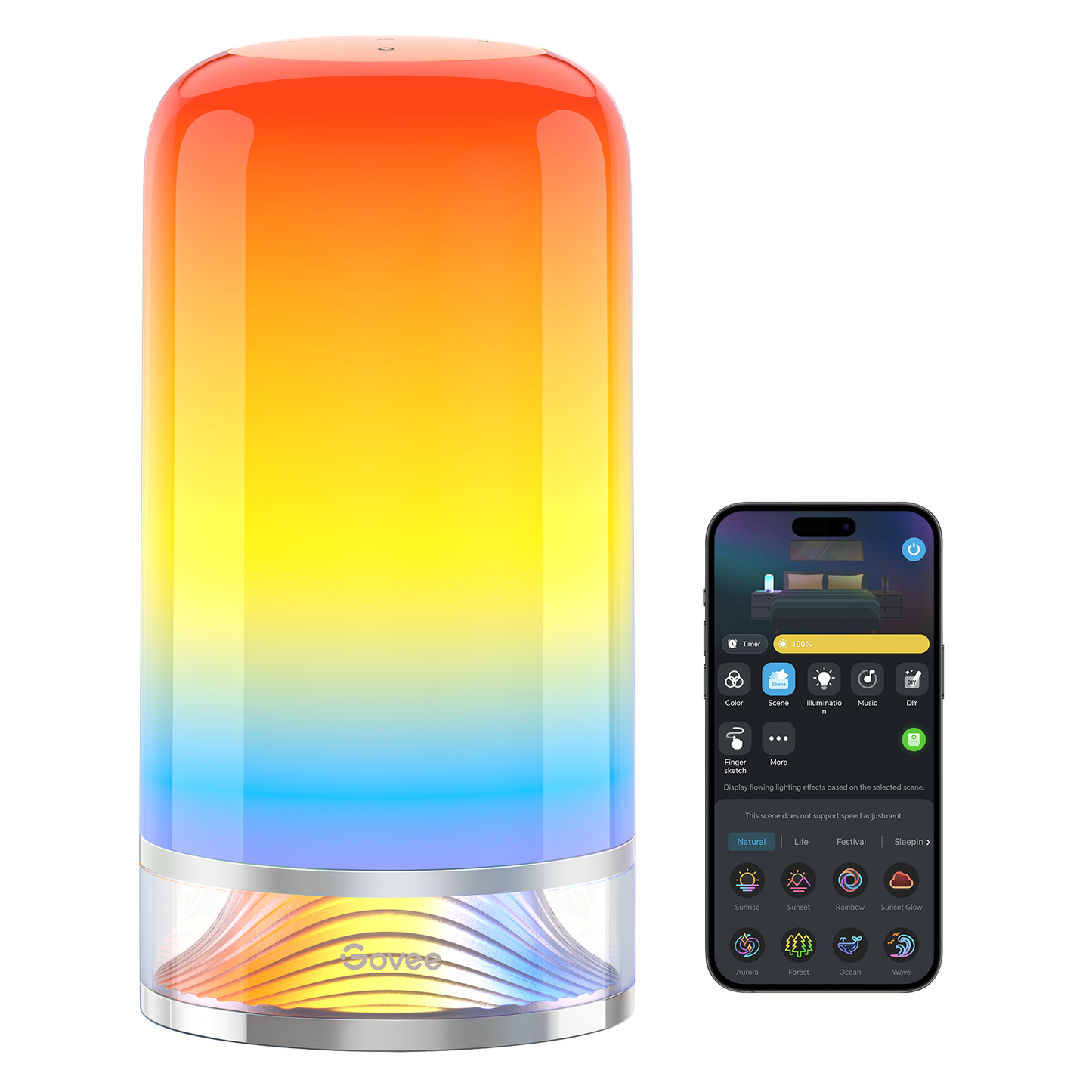 Smart RGB lamp with app control for van life, featuring colorful gradient lighting and scene modes.