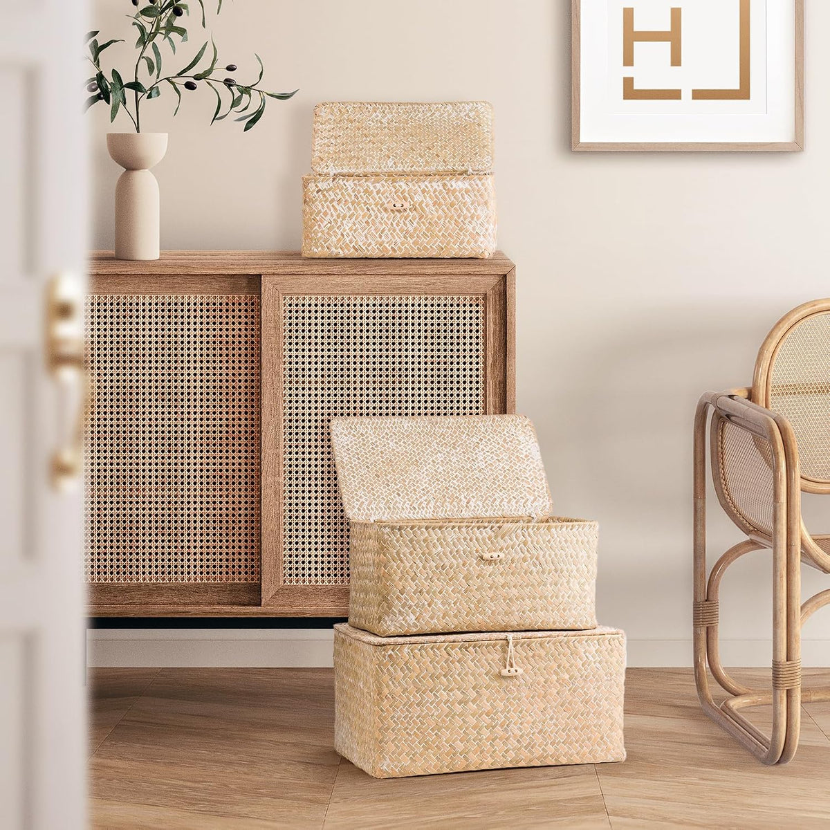 Lidded Seagrass Storage Boxes – Set of 3 – boxes beside a wood cabinet