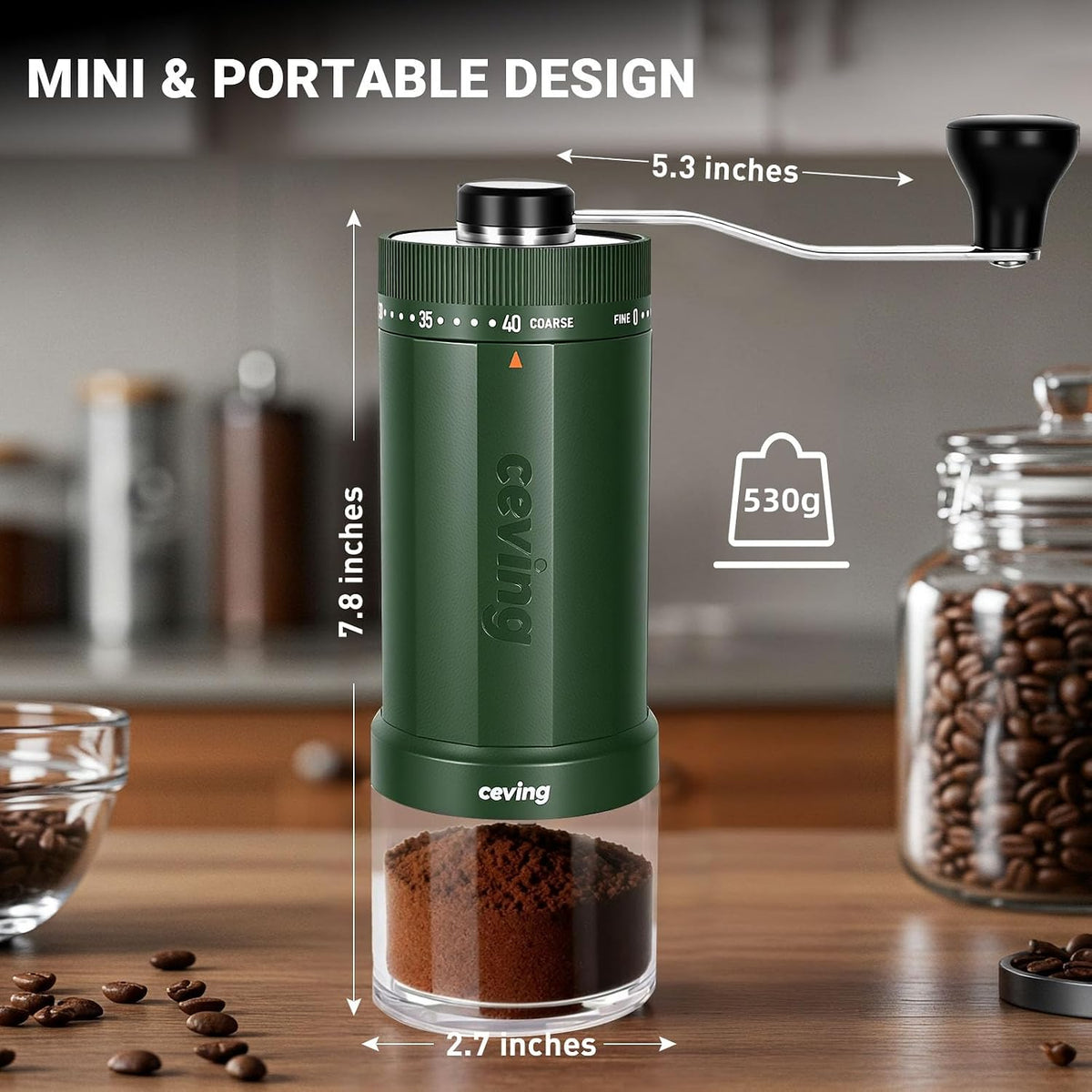 World'S First 60G Large Capacity Manual Coffee Grinder, Green