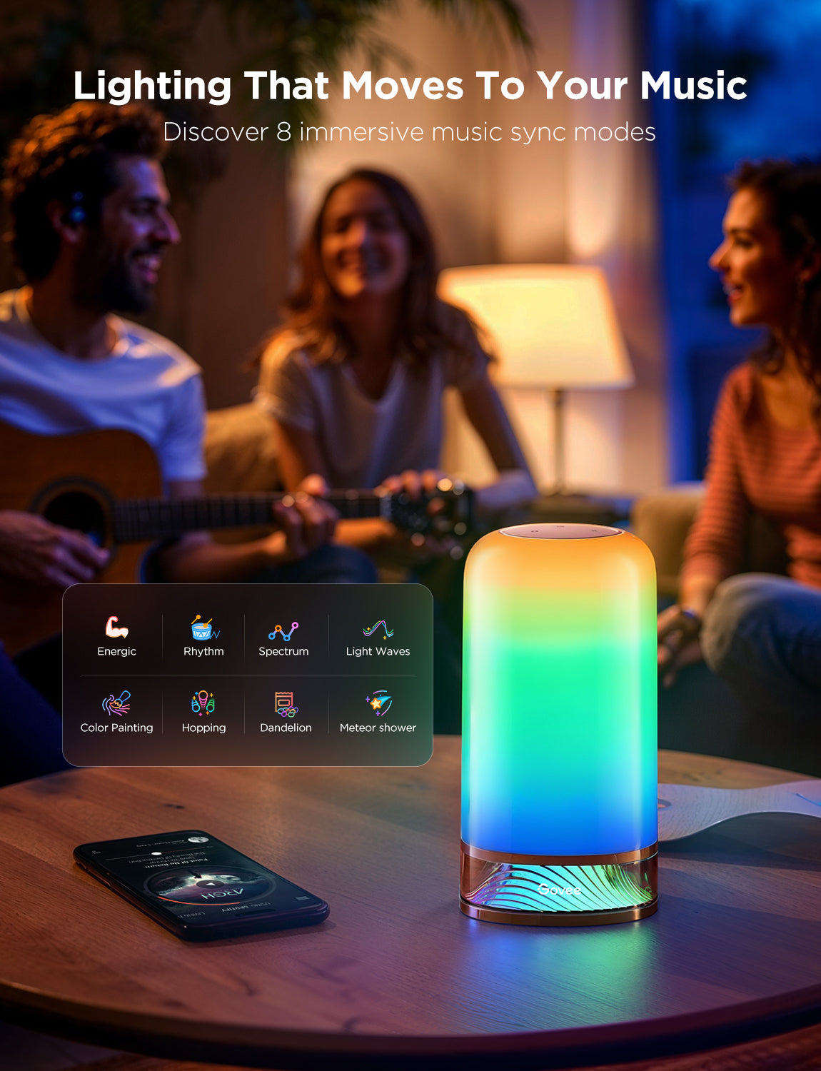 Music-syncing RGB lamp with 8 modes for van life ambiance, perfect for camper van interiors and outdoor adventures.
