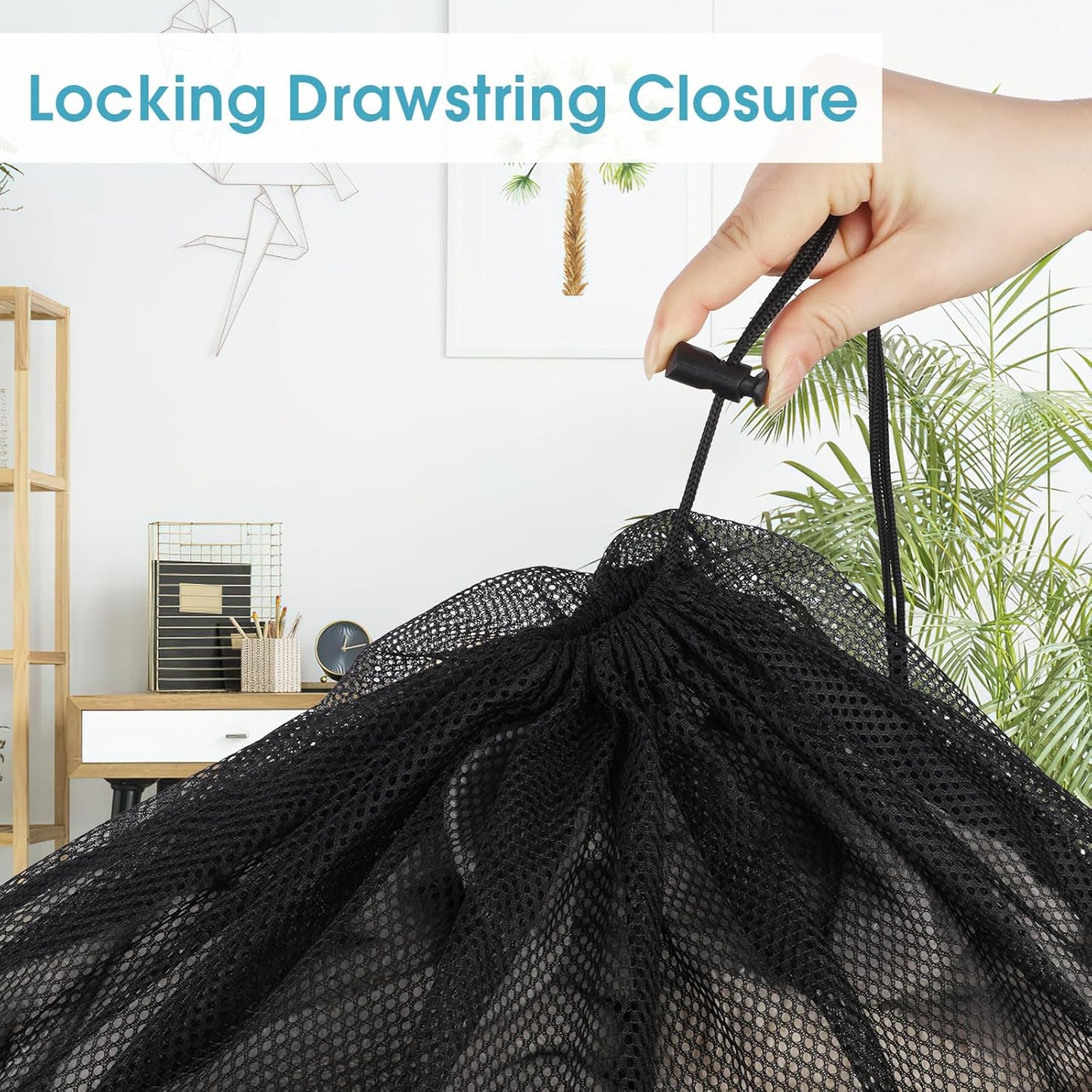 Black mesh storage bag with locking drawstring closure for van life gear organization