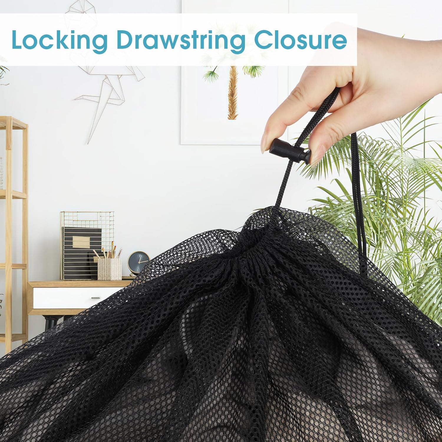 Black mesh storage bag with locking drawstring closure for van life gear organization