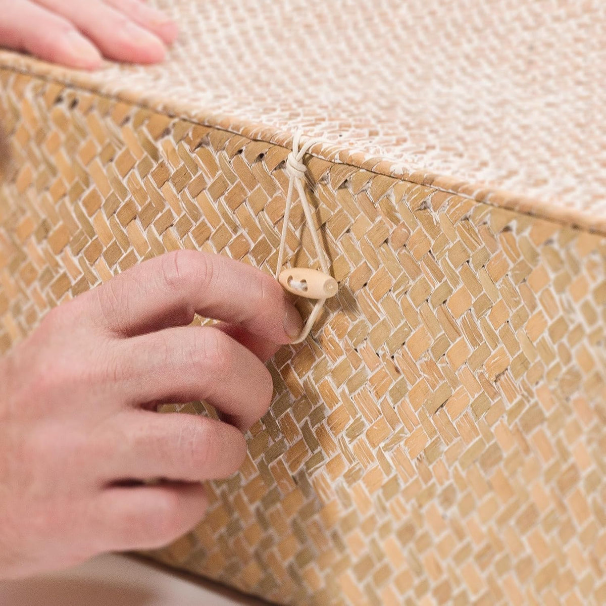 Lidded Seagrass Storage Boxes – Set of 3 – lid fastening close-up