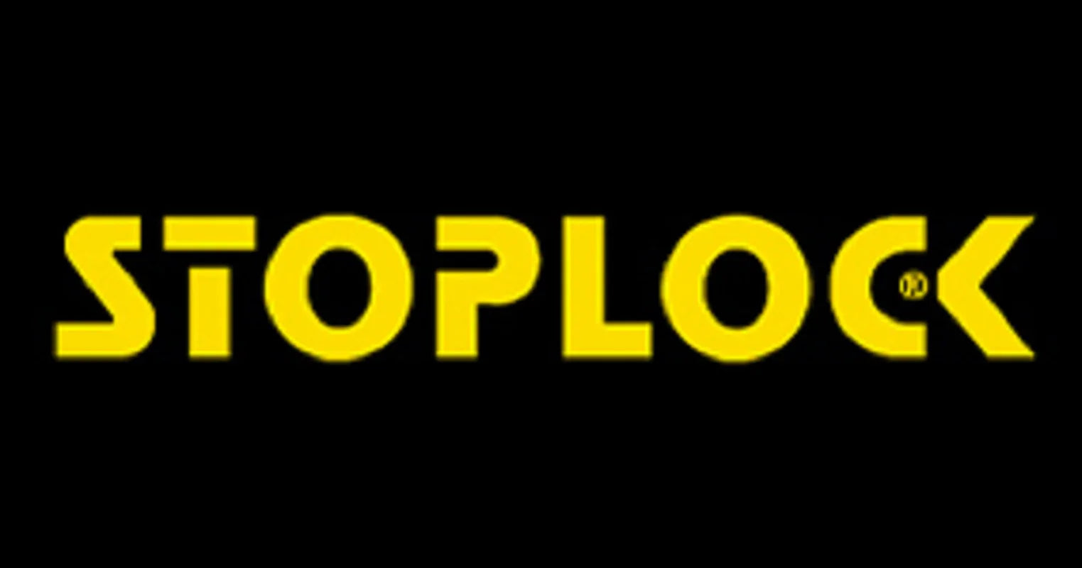 Stoplock van security logo in bold yellow text on black background