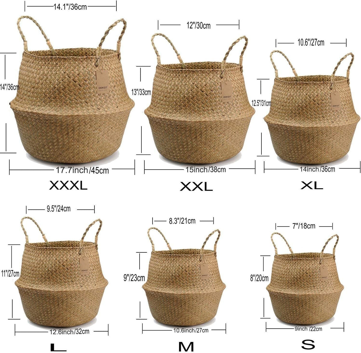 Natural Seagrass Belly Basket with Handles, Large Storage Laundry Basket (Natural)