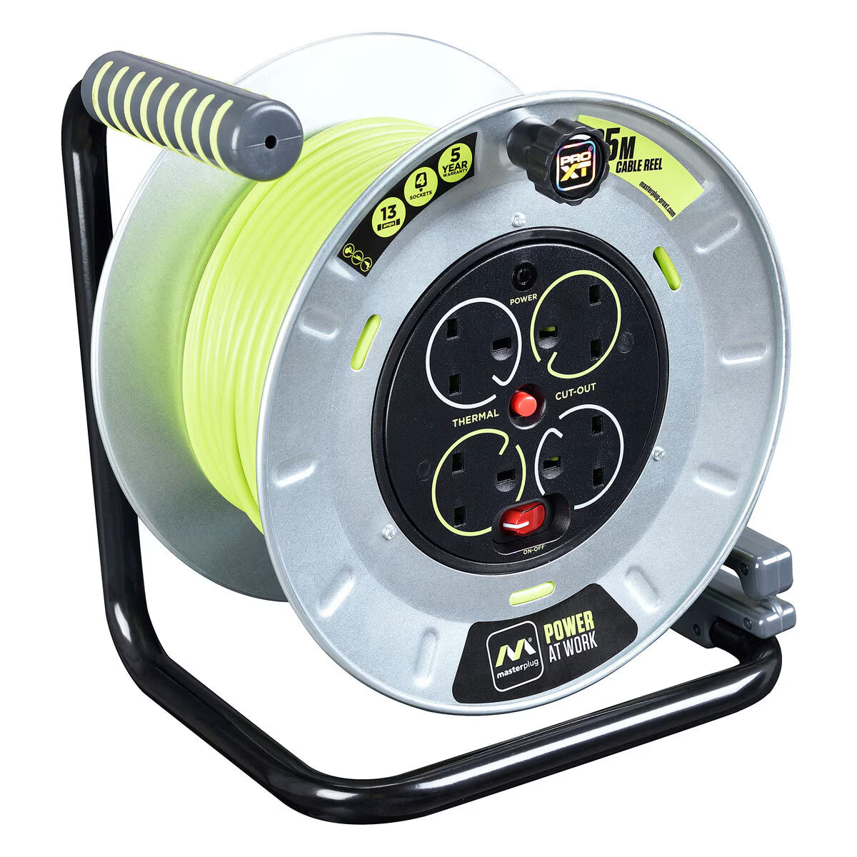 25M heavy-duty extension cord reel with 4 sockets, thermal cut-out, ideal for van life and outdoor power needs