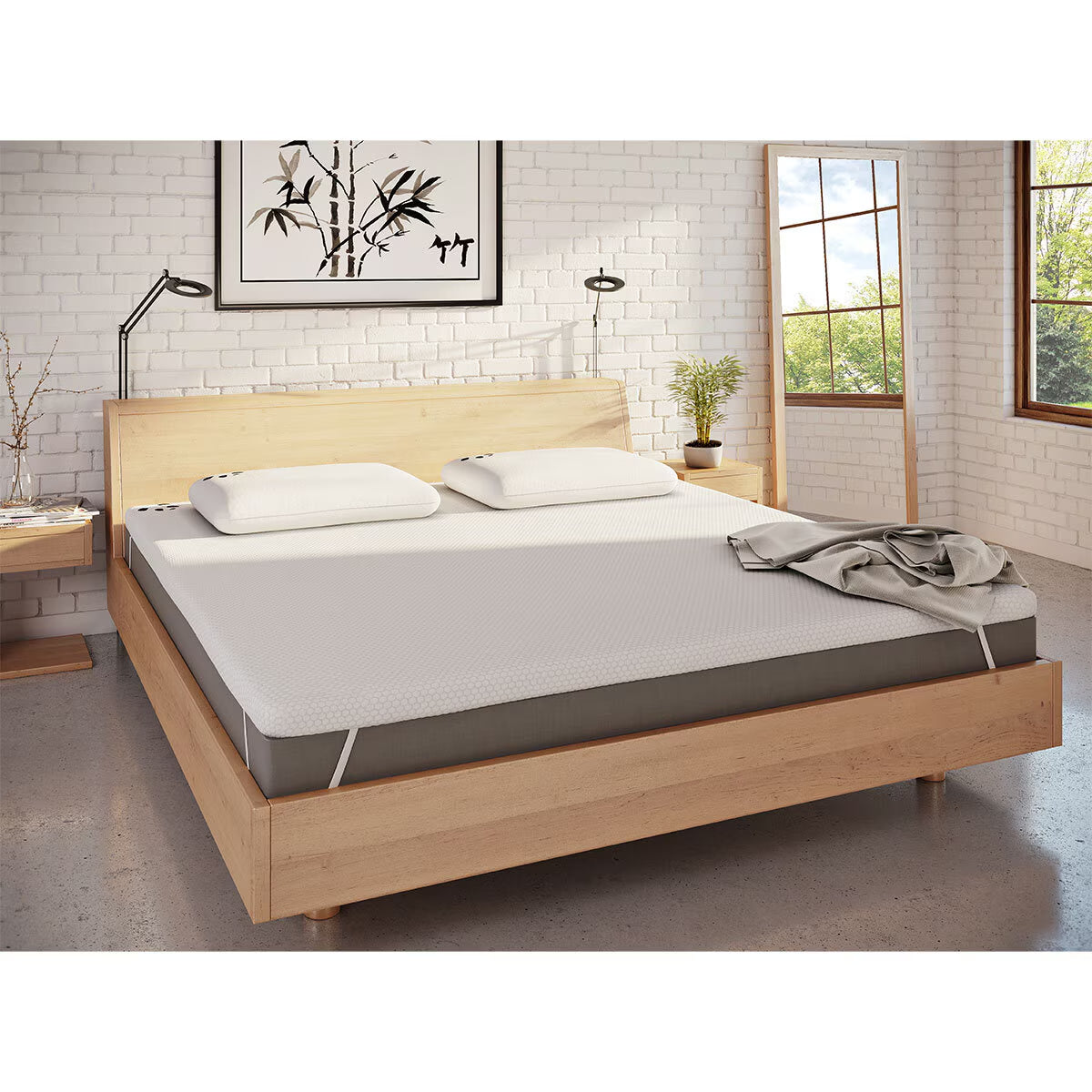 Comfortable memory foam mattress on wooden bed frame, ideal for van life and compact spaces