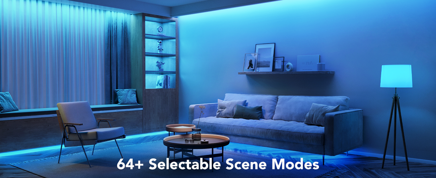 Modern living room with blue ambient LED lighting, sofa, armchair, and 64+ scene modes for van life interiors