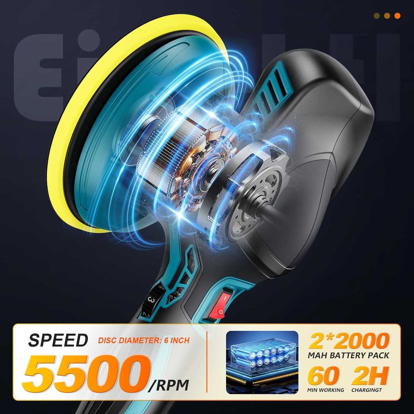 Cordless 6-inch polisher with 5500 RPM, 2x2000mAh battery pack, ideal for van life vehicle care