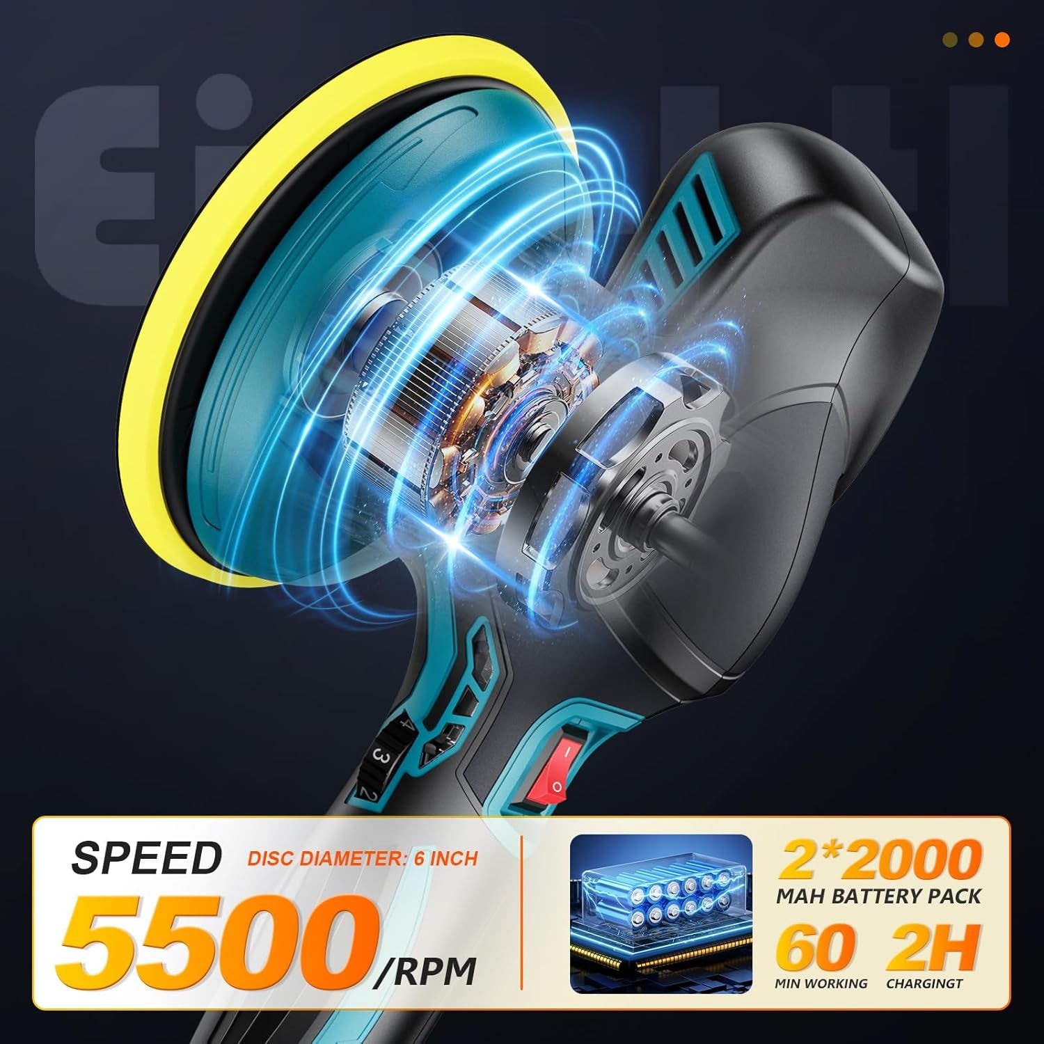 Cordless 6-inch polisher with 5500 RPM, 2x2000mAh battery pack, ideal for van life vehicle care