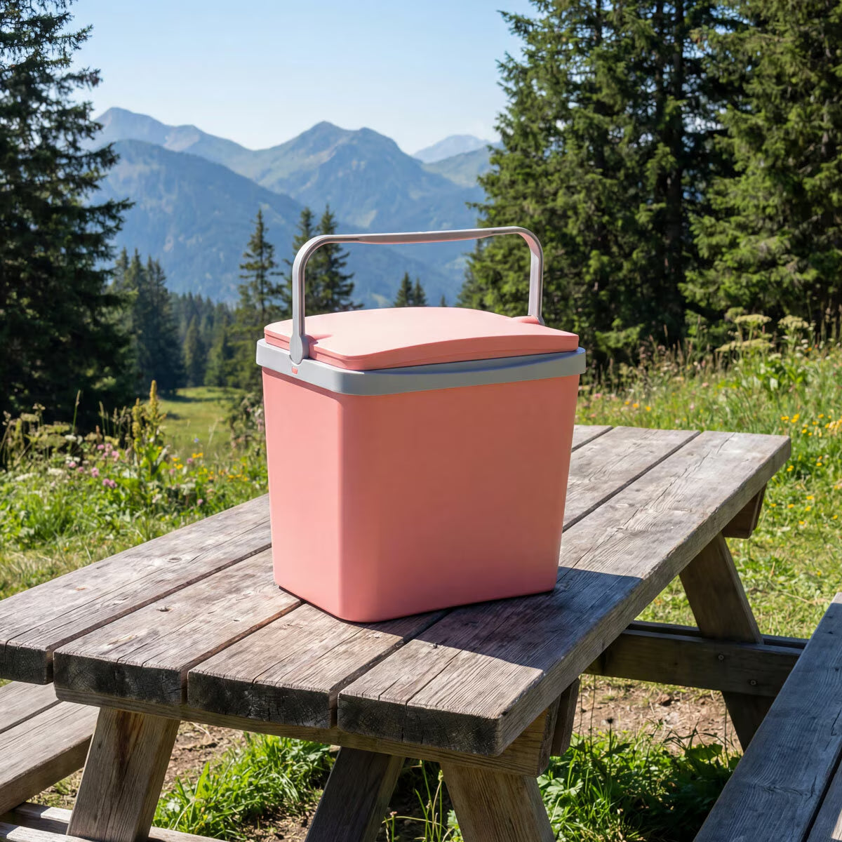 Pink portable cooler on wooden picnic table in mountain scenery, perfect for van life adventures and outdoor picnics