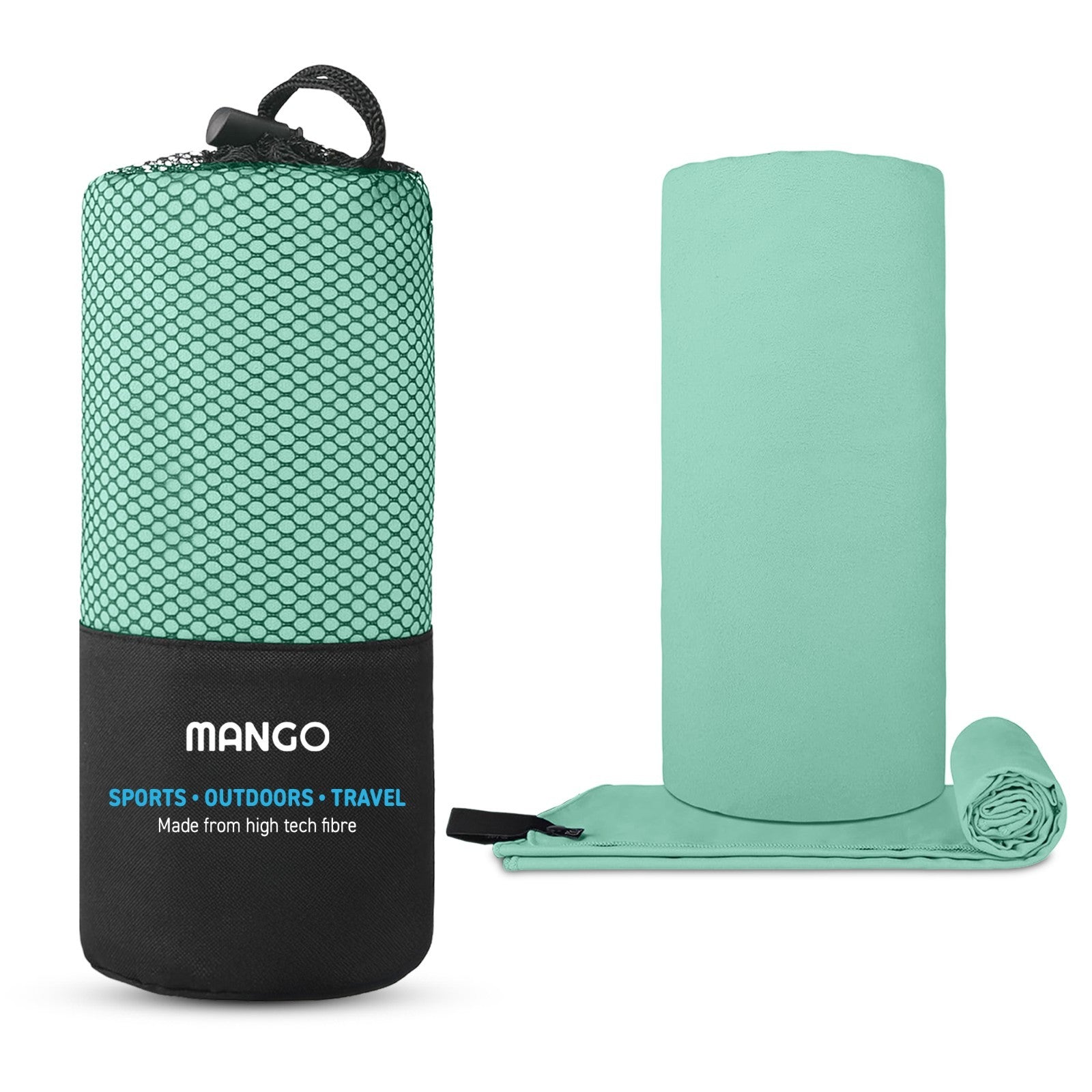 Mint green travel towel in mesh carry bag, ideal for van life, camping, and outdoor adventures
