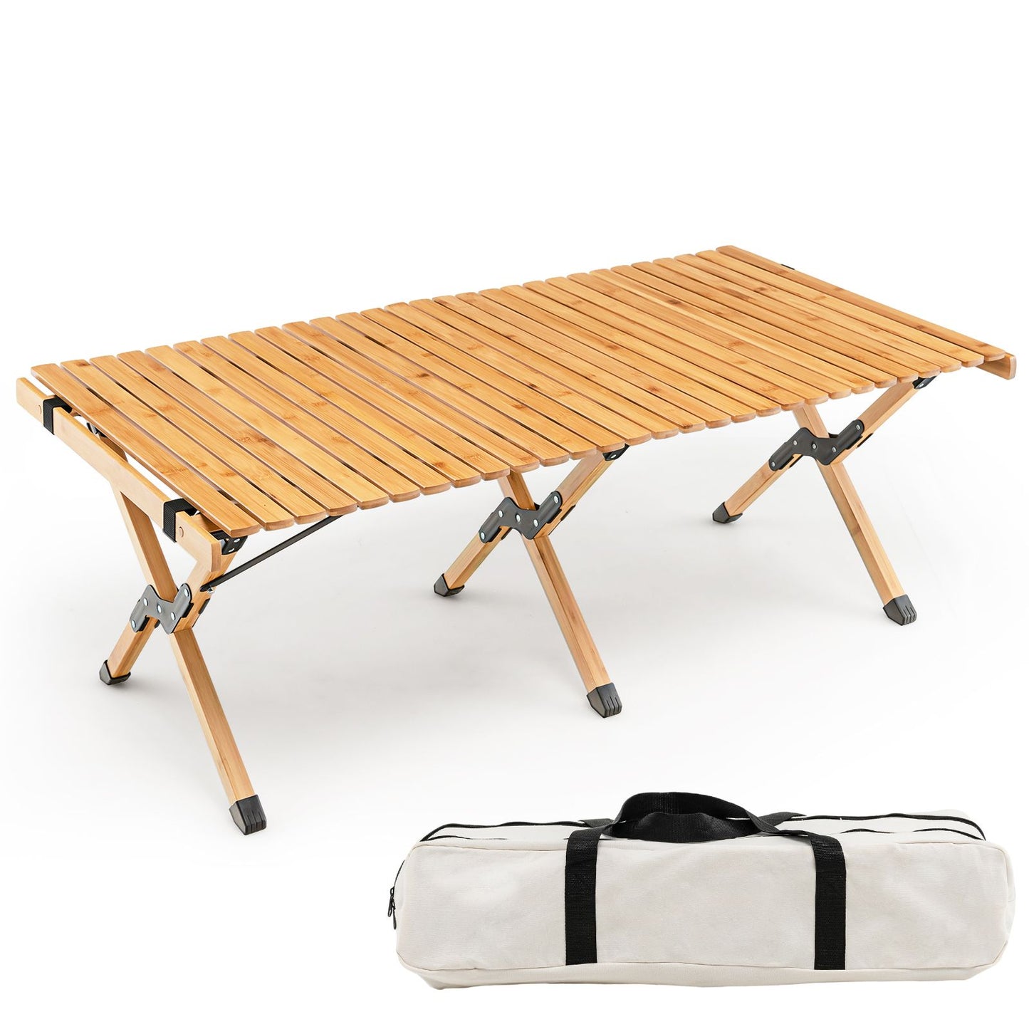 Portable bamboo camping table with carry bag, ideal for van life and outdoor adventures