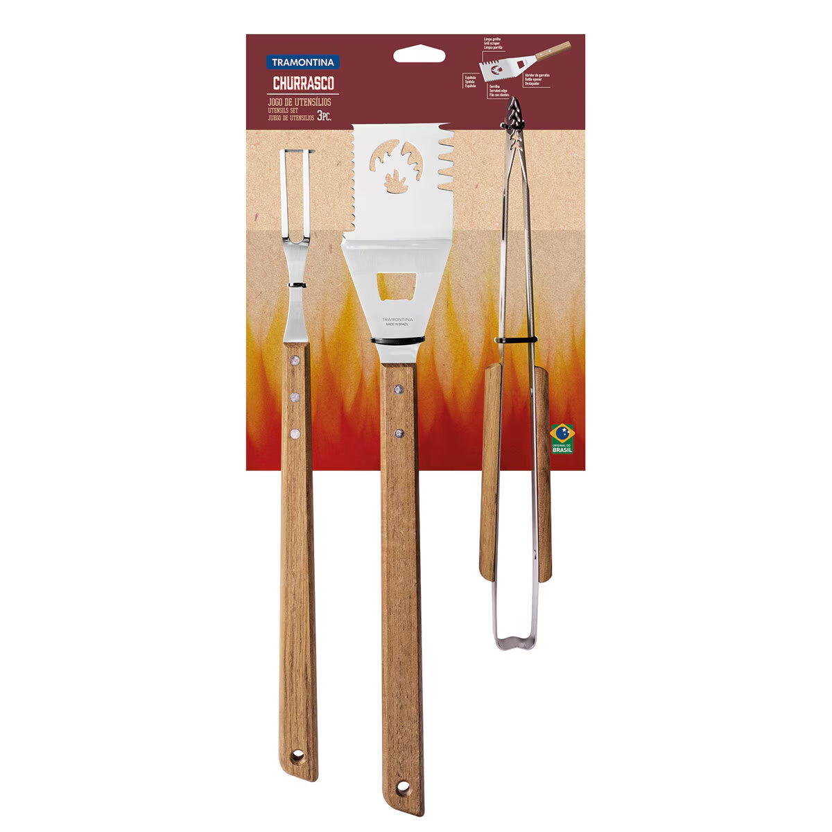 3-piece BBQ tool set with wooden handles for outdoor grilling and van life adventures
