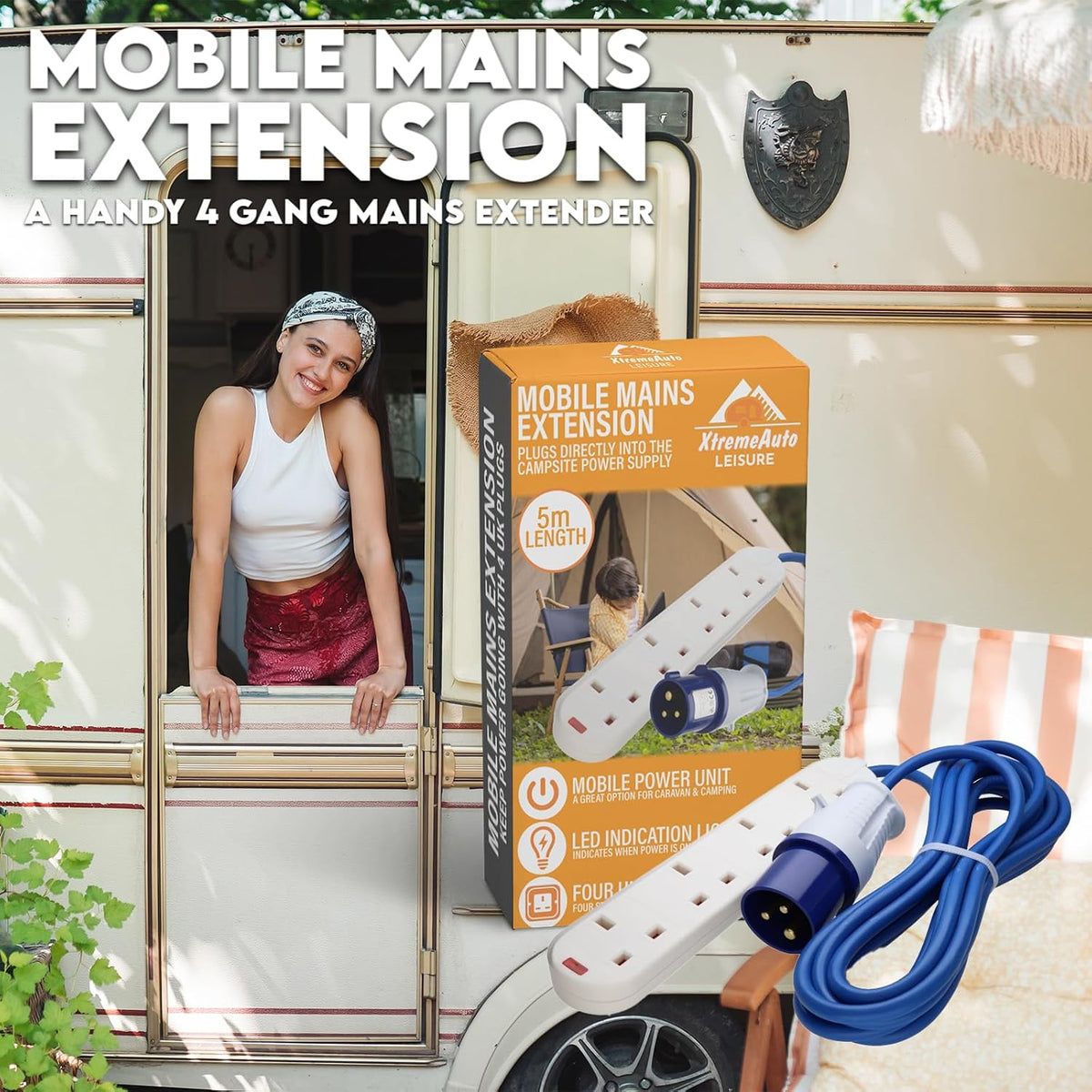 Camping Electric Hook up Cable Extension Lead - 4 Gang Power Hookup Sockets, Perfect Accessory for Caravan, Tent & Motorhome Mains Power Lead EHU Cable (10M)