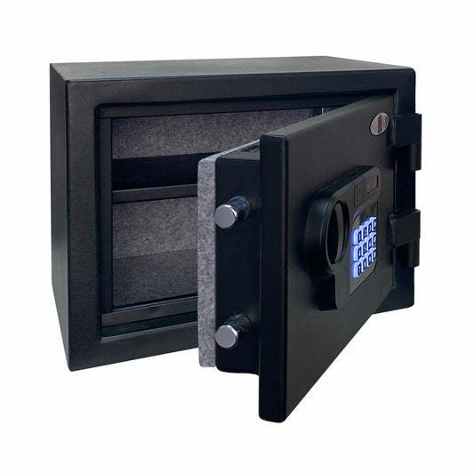 Black digital safe with keypad, ideal for van life security and storing valuables in camper vans
