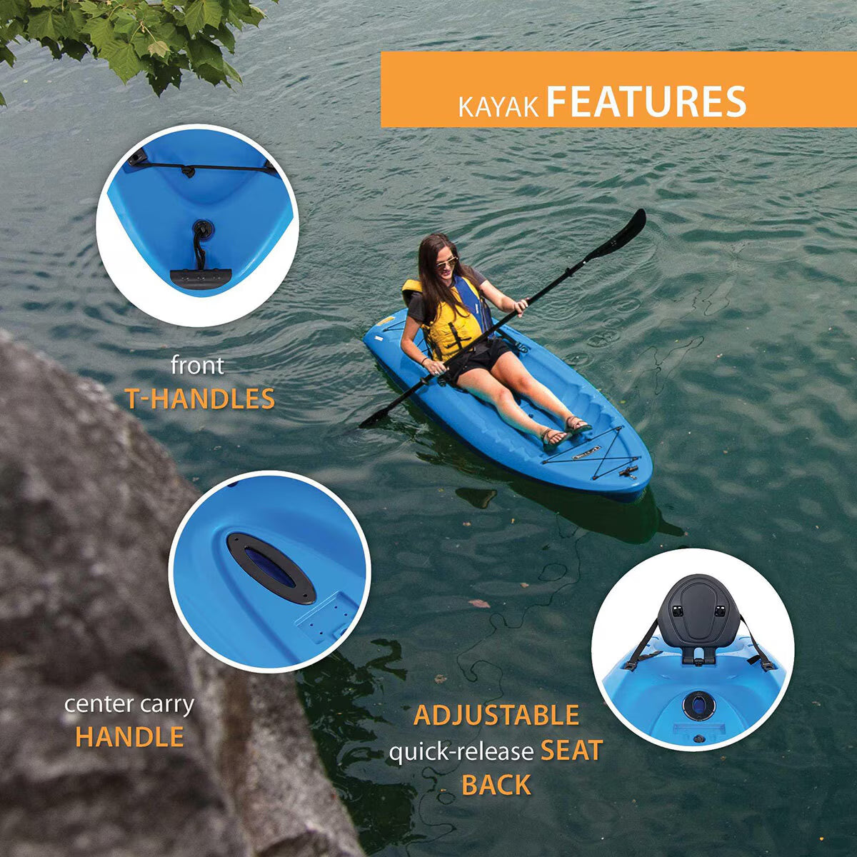 Blue kayak with adjustable seat, T-handles, and center carry handle for outdoor adventures