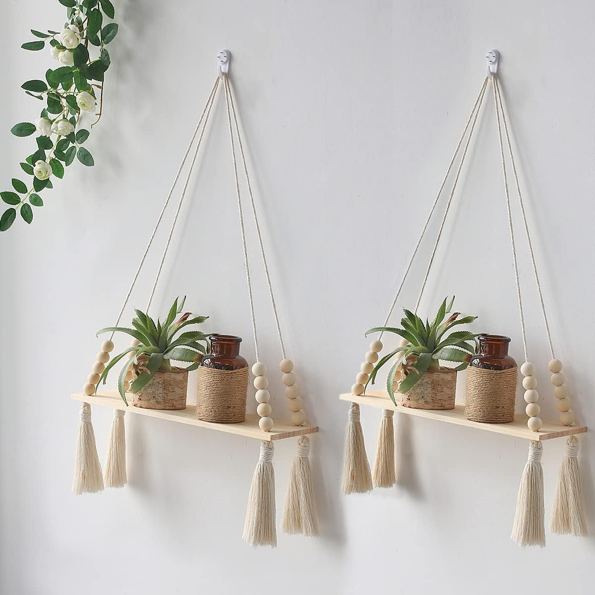 Macrame Hanging Shelves Set of 2 Boho Wood Floating Storage Shelf