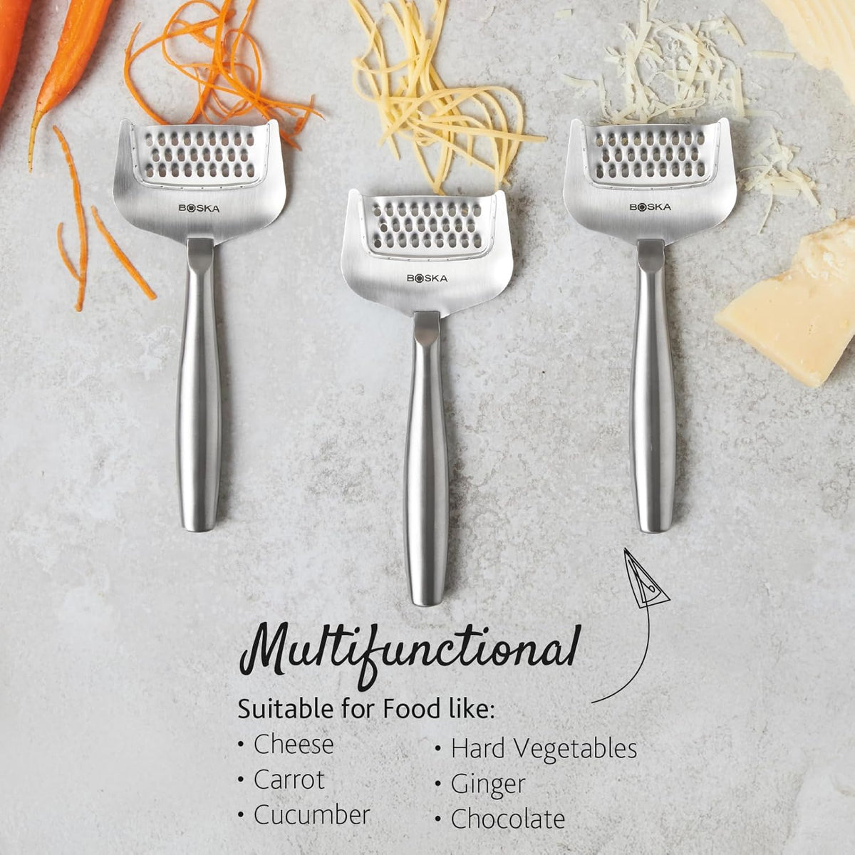 BOSKA Copenhagen Handheld Cheese Grater – grating vegetables and cheese illustration