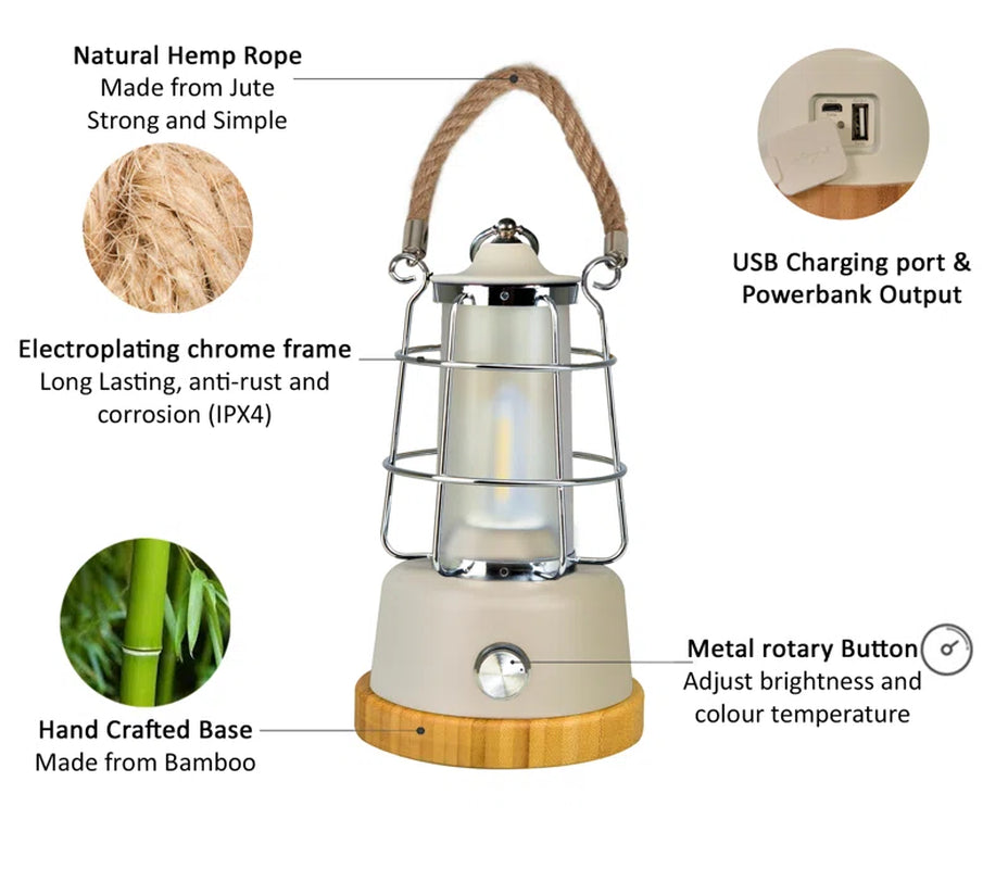 Portable van life lantern with bamboo base, hemp rope handle, USB charging, and adjustable brightness