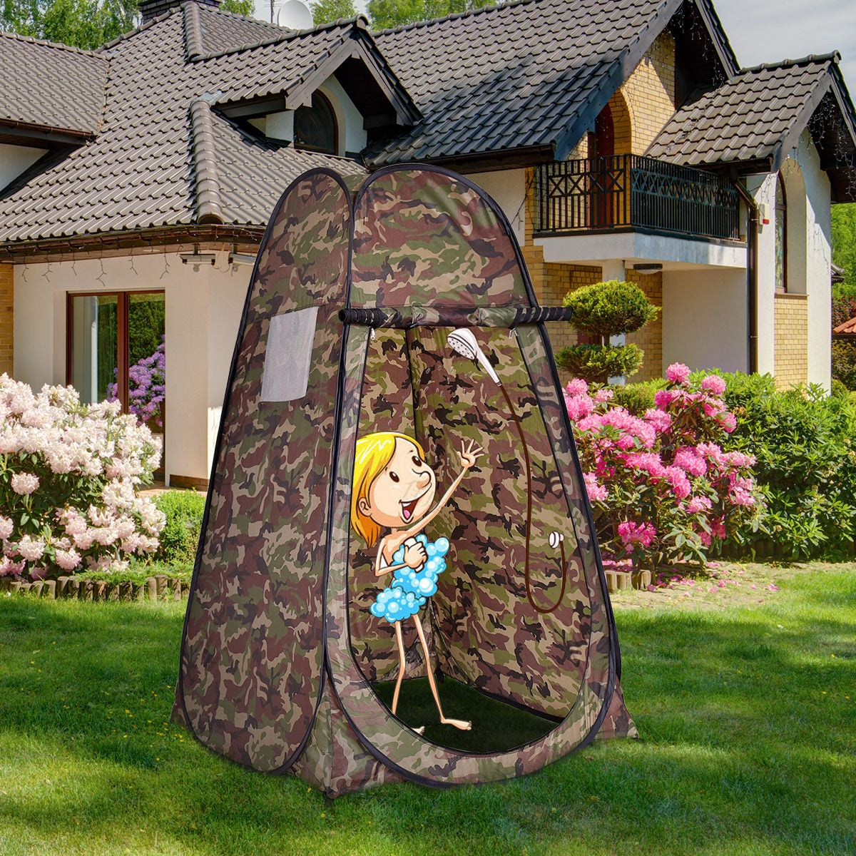 Camouflage pop-up outdoor shower tent for van life, camping, and festivals with built-in showerhead