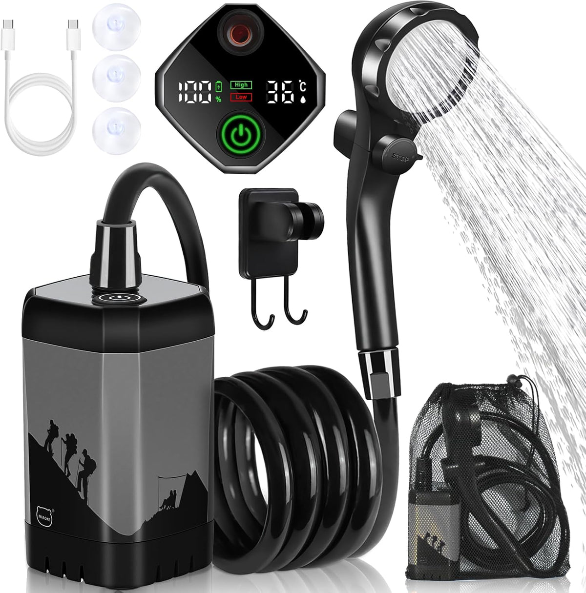 Upgrade Portable Camping Shower, 7800Mah Outdoor Electric Shower Rechargeable Pump with Intelligent Digital Display Temperature Display Shower Head for Camping, Hiking, Traveling