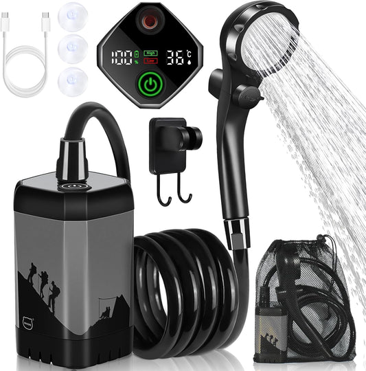 Upgrade Portable Camping Shower, 7800Mah Outdoor Electric Shower Rechargeable Pump with Intelligent Digital Display Temperature Display Shower Head for Camping, Hiking, Traveling