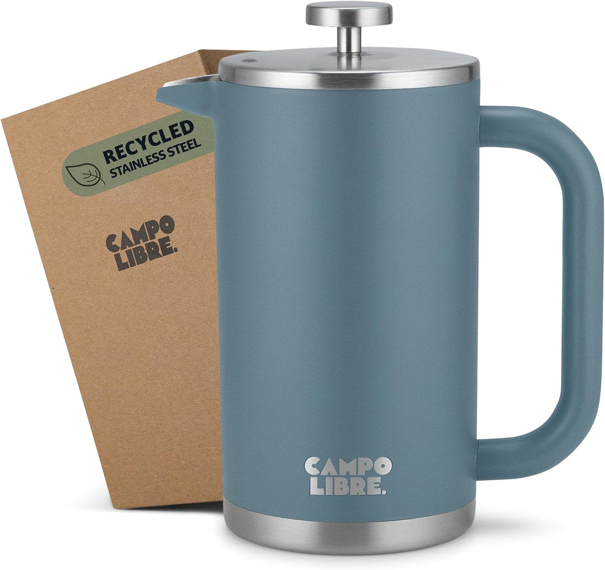 Giorgio 1L Stainless Steel Cafetière – Neptune Blue – Neptune Blue cafetière with packaging on white