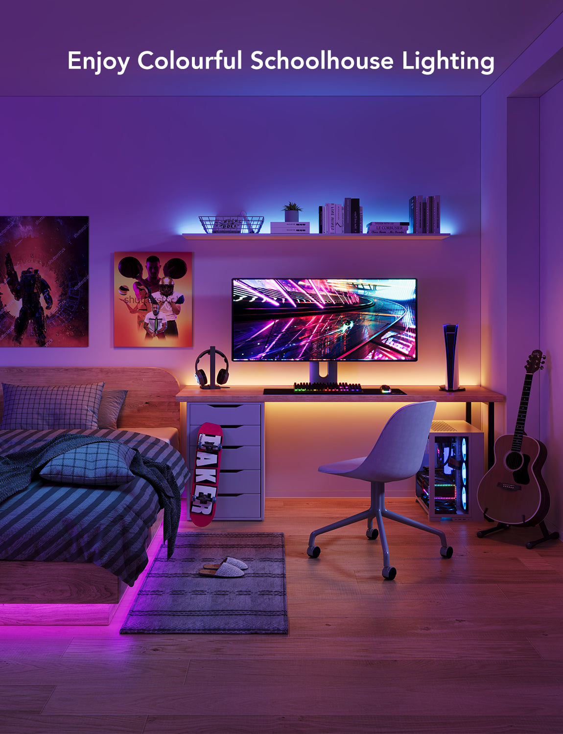 Vibrant RGB LED strip lighting in a modern bedroom with gaming desk, bed, and guitar, perfect for van life setups.