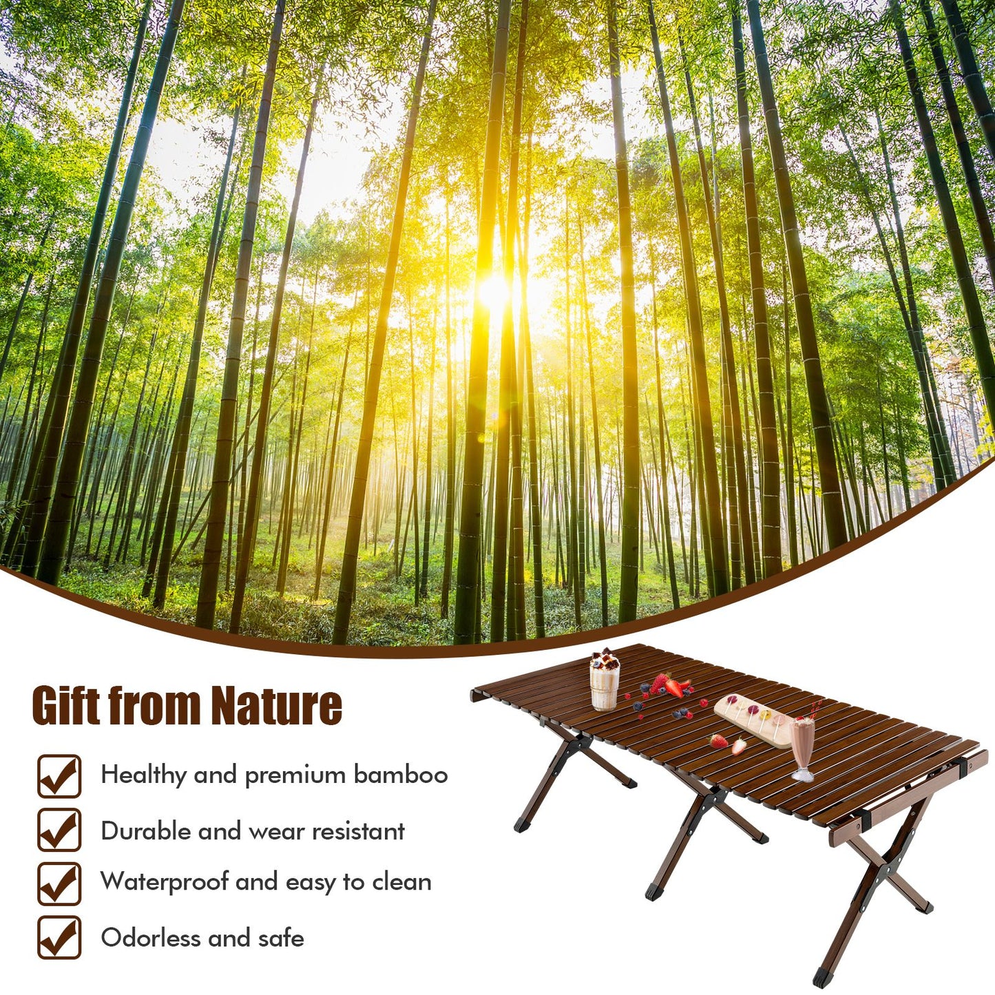 Portable bamboo camping table for van life, outdoor adventures, and picnics in nature