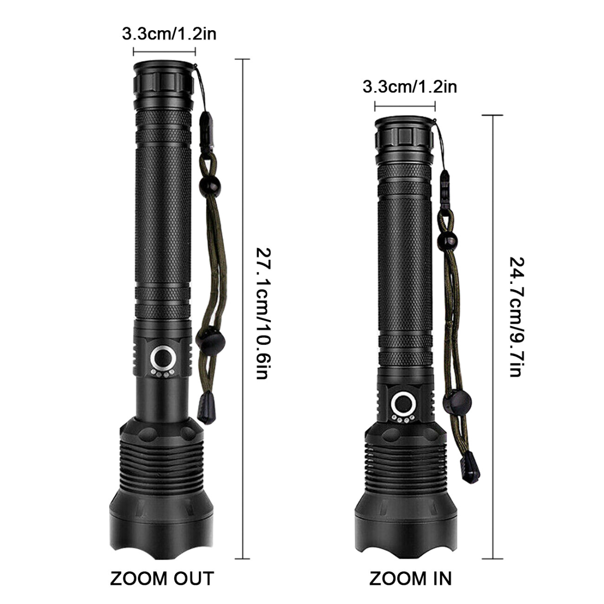 Black zoomable LED flashlight for van life, camping, and outdoor adventures — compact, durable, with lanyard