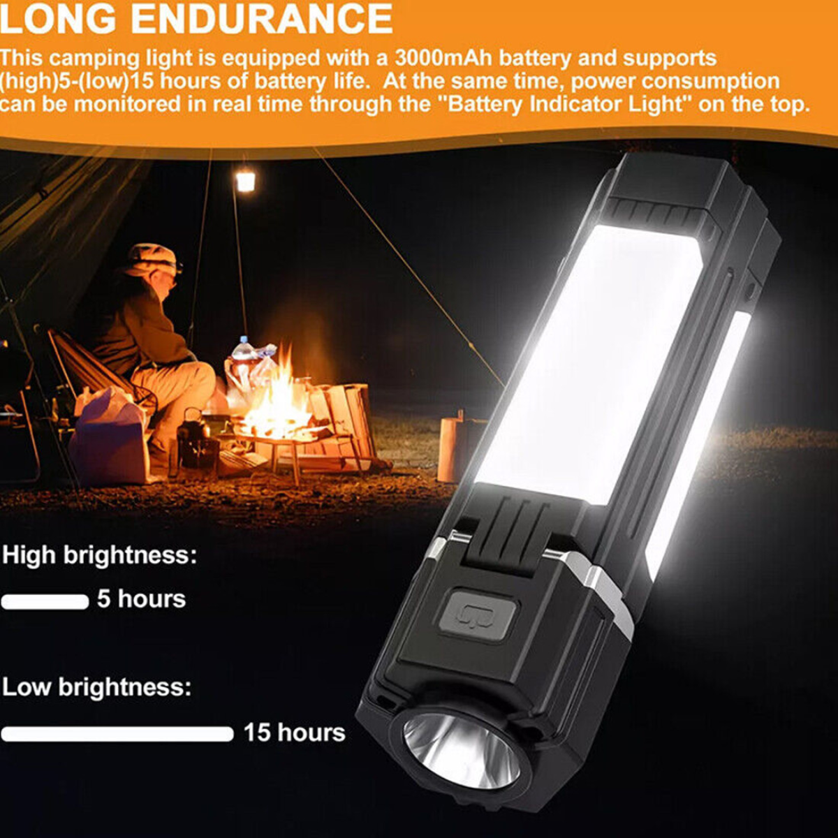 Portable camping light with 3000mAh battery, ideal for van life and outdoor adventures, featuring long endurance.