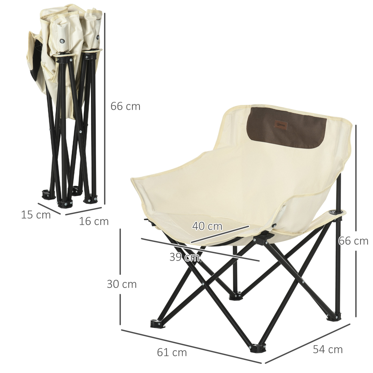 Compact beige foldable camping chair with black frame, ideal for van life and outdoor adventures, shown with dimensions