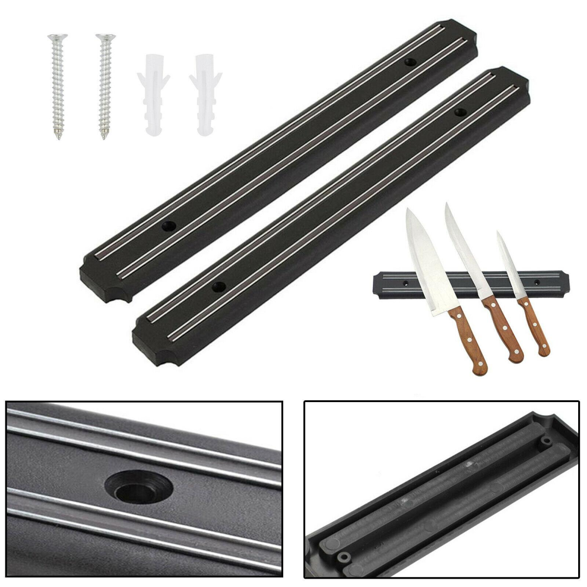 Black magnetic knife strips for van life kitchen, holds knives securely with included screws and wall anchors