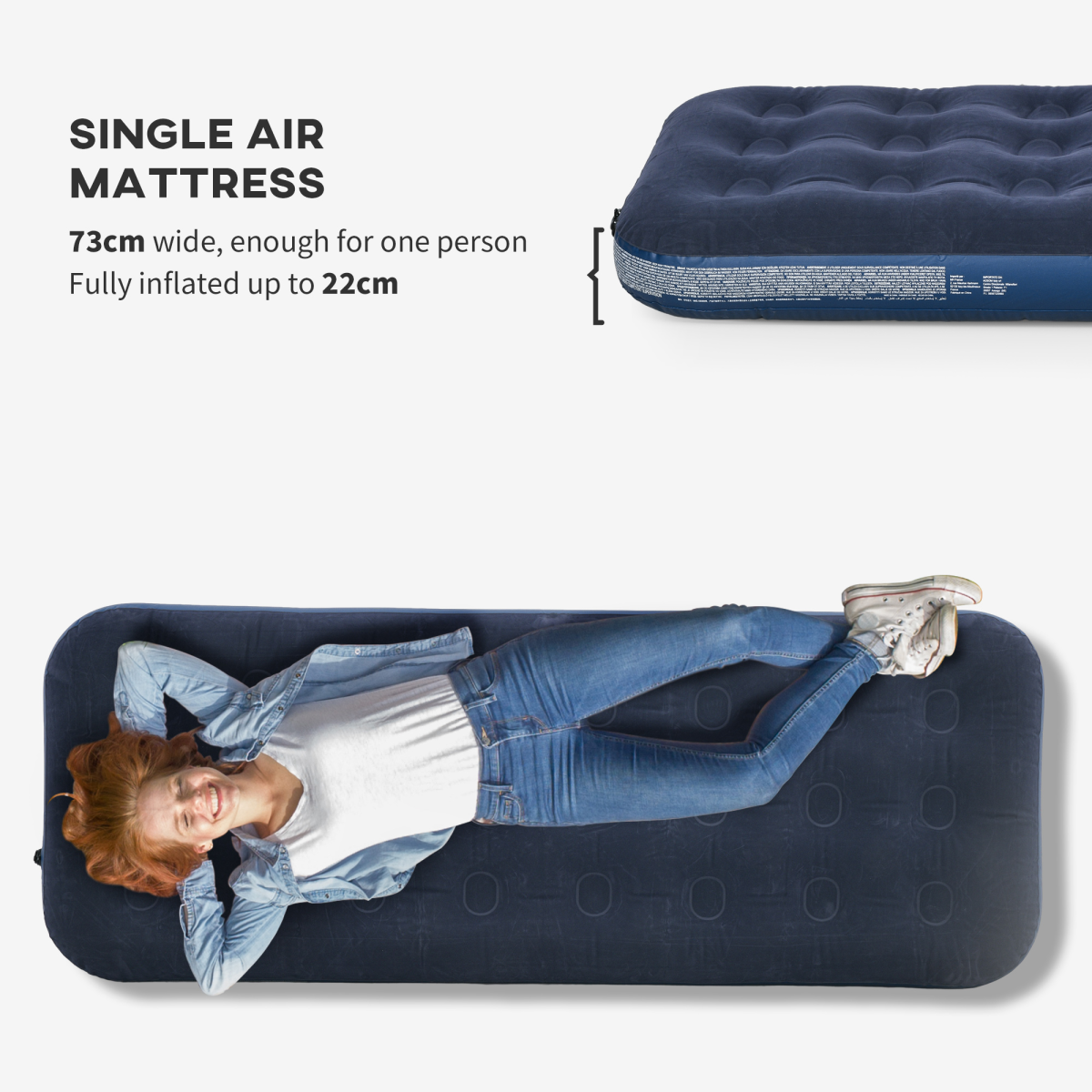 Single air mattress for van life, 73cm wide, 22cm thick, shown with person lying comfortably