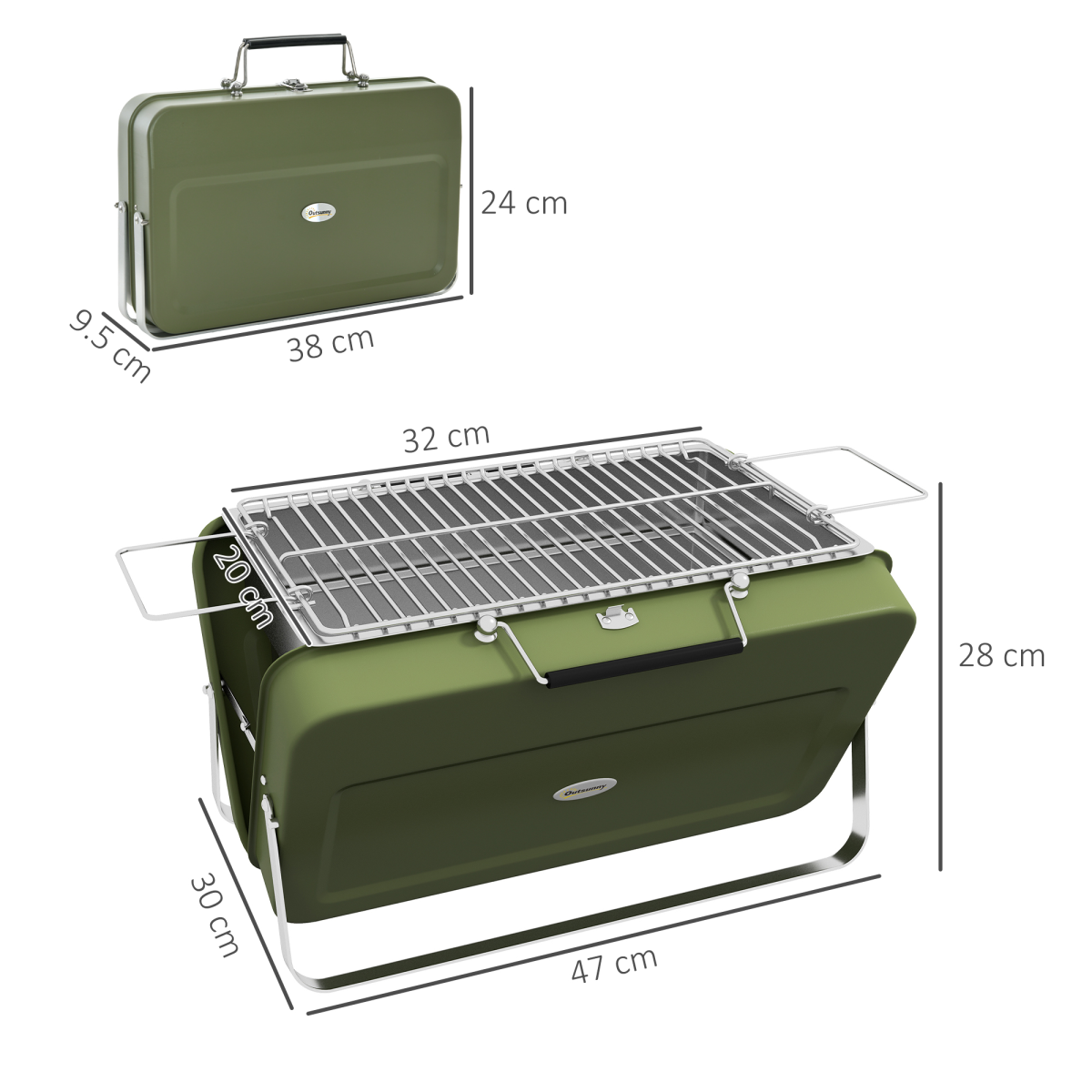 Portable folding BBQ grill for van life, camping, and outdoor adventures — compact, olive green design with dimensions shown