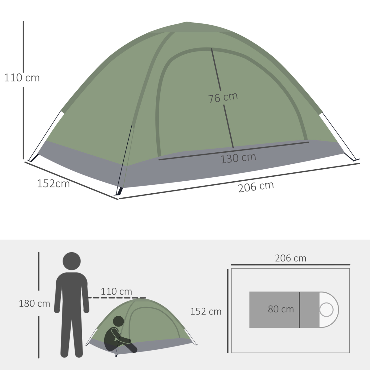 Compact green camping tent with dimensions for van life adventures and outdoor gear