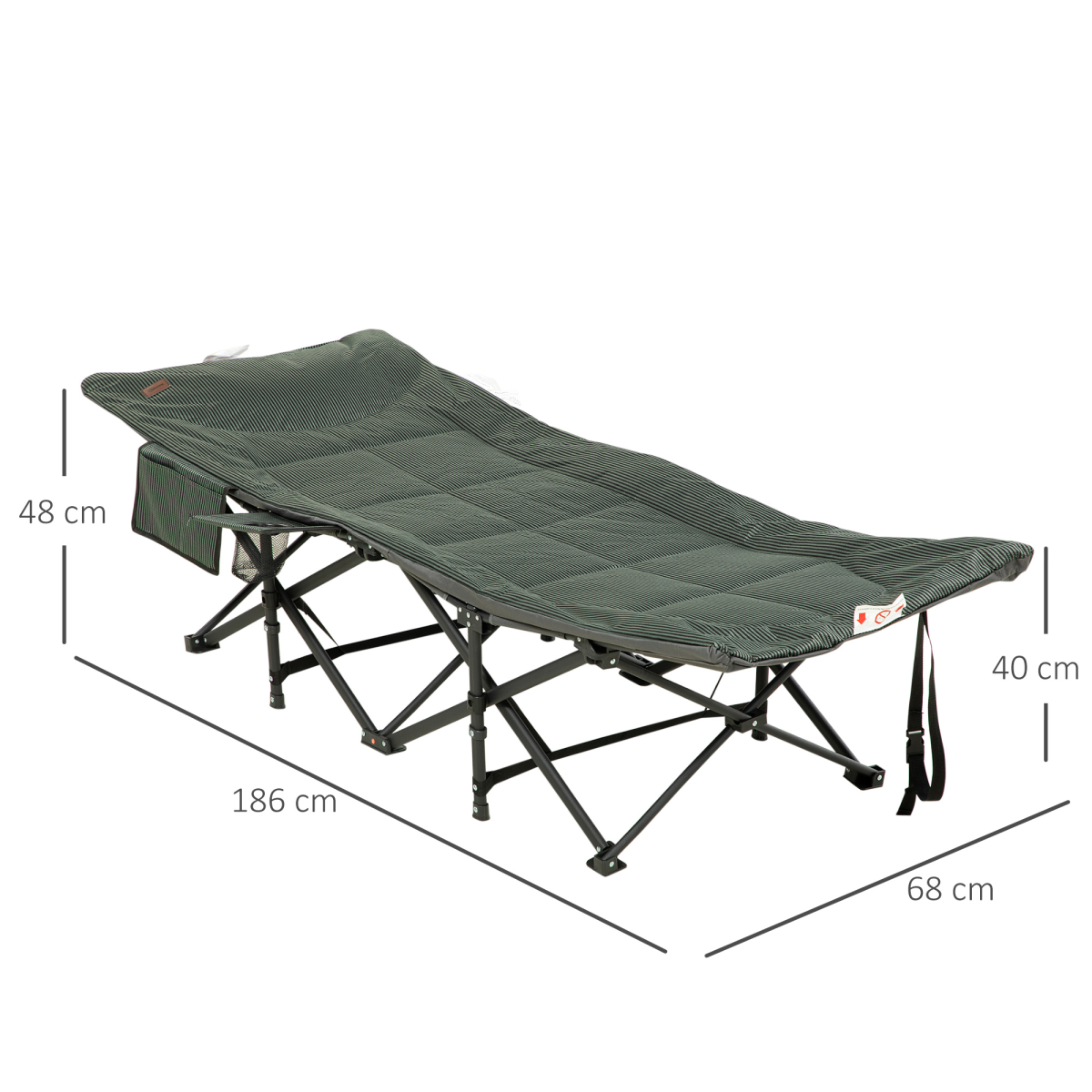 Compact folding camp bed with dimensions, ideal for van life and outdoor adventures