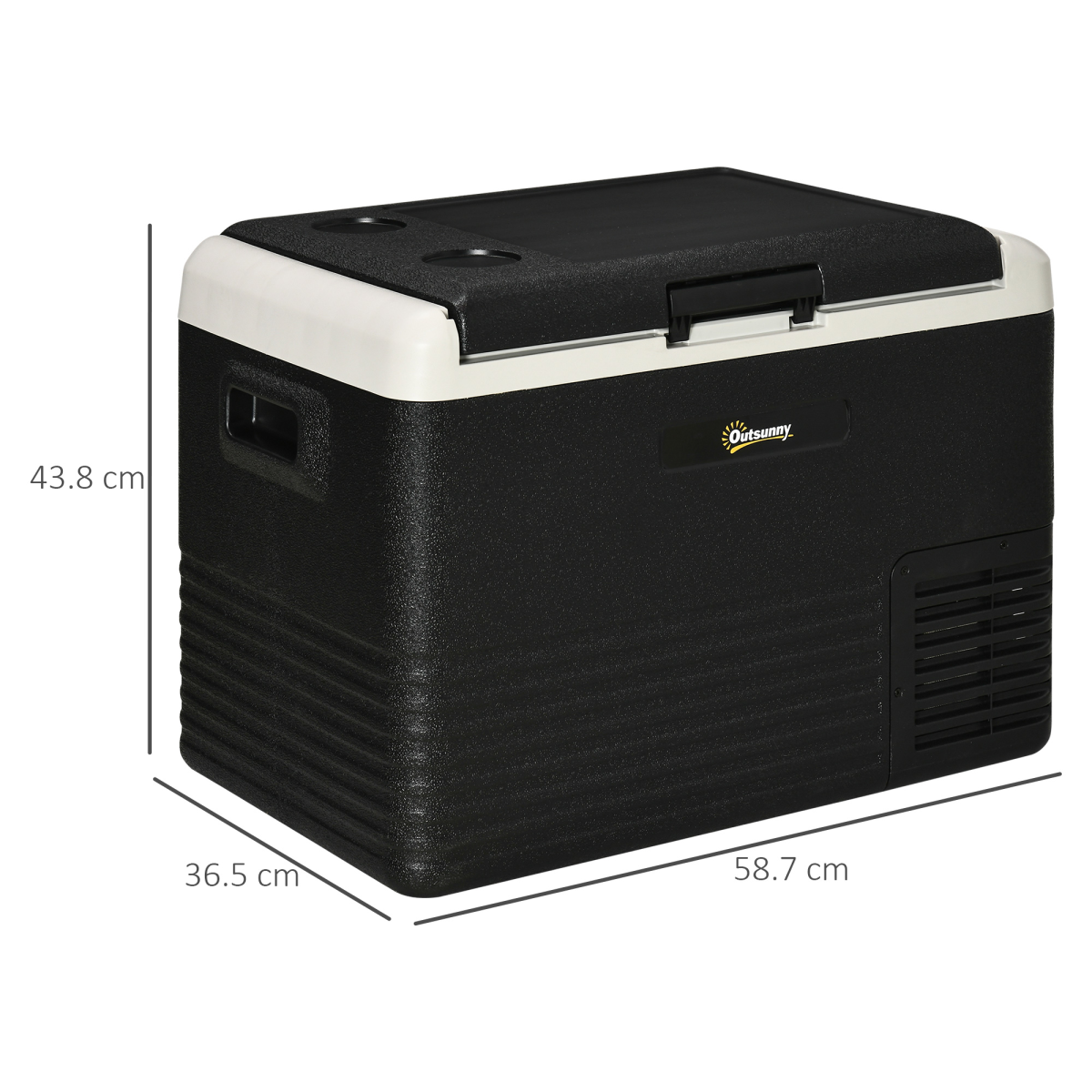 Black Outsuny 12V portable fridge for van life, camping, and outdoor adventures with compact dimensions
